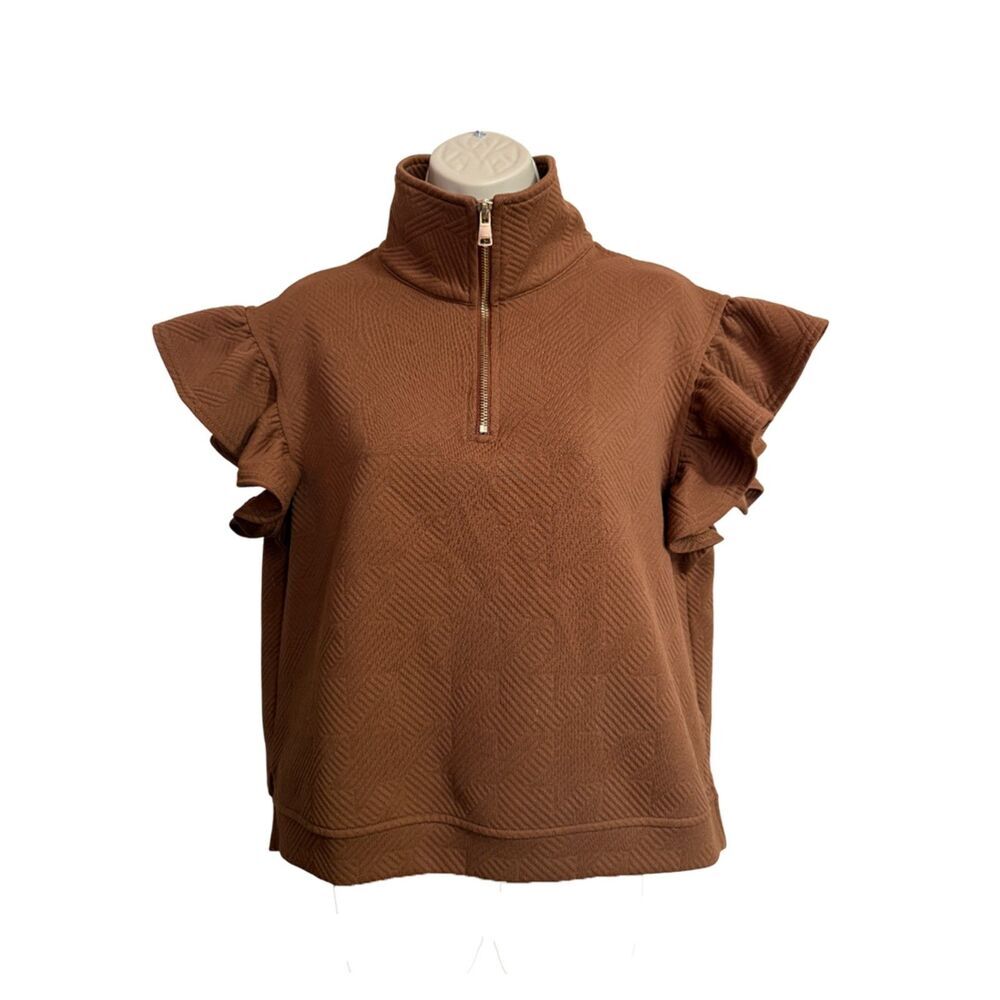 SSYS Brown Textured Half-Zip Ruffle Flutter Sleeve Top - Size M - Picture 3 of 9